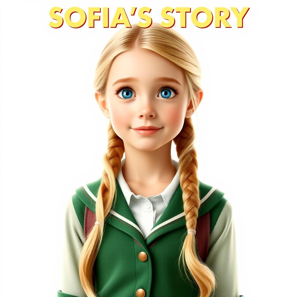A vibrant movie poster featuring a 13-year-old girl named Sofia, with long blonde hair and bright blue eyes