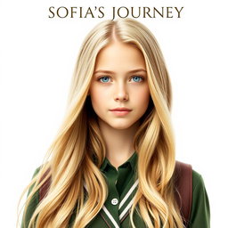 A captivating movie poster featuring a 16-year-old girl named Sofia, with long, flowing blonde hair cascading down, and striking blue eyes