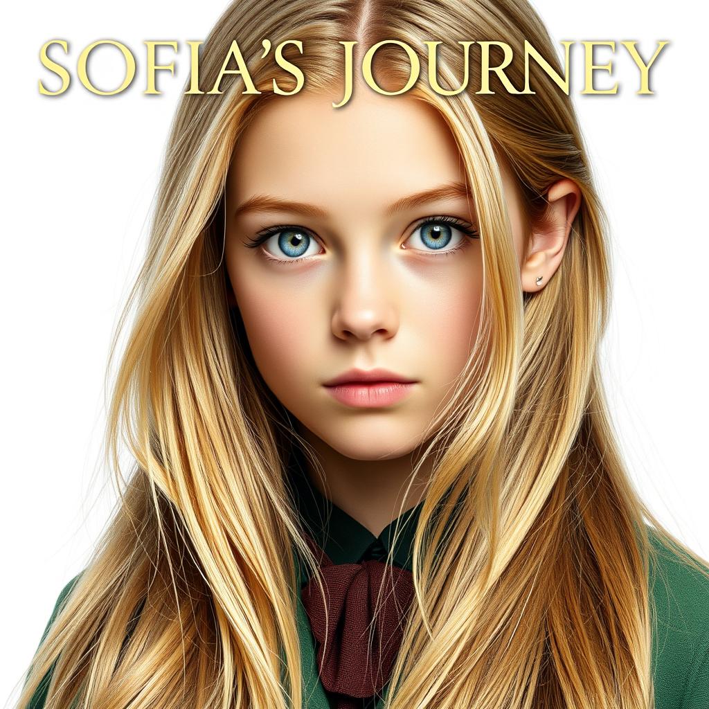 A captivating movie poster featuring a 16-year-old girl named Sofia, with long, flowing blonde hair cascading down, and striking blue eyes