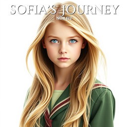 A captivating movie poster featuring a 16-year-old girl named Sofia, with long, flowing blonde hair cascading down, and striking blue eyes