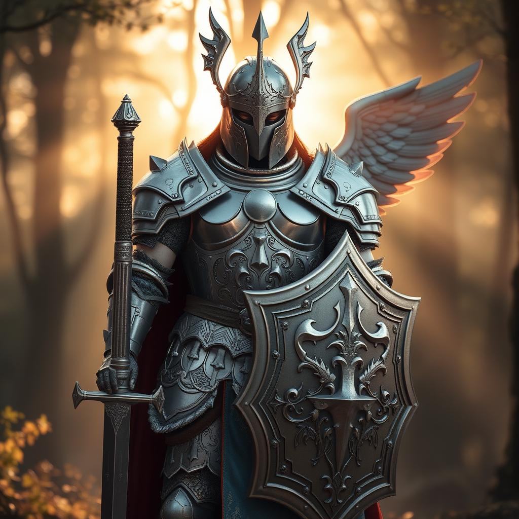 A powerful paladin standing proudly in full armor, wearing a majestic winged close helmet that enhances his noble appearance