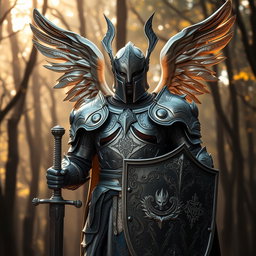 A powerful paladin standing proudly in full armor, wearing a majestic winged close helmet that enhances his noble appearance