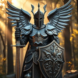 A powerful paladin standing proudly in full armor, wearing a majestic winged close helmet that enhances his noble appearance