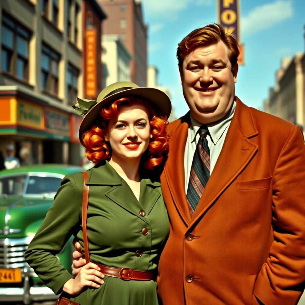 A chubby man with brown hair standing next to a red-haired woman in the 1940s