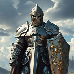 A heavily armored paladin standing tall in a majestic landscape