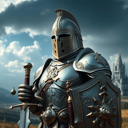 A heavily armored paladin standing tall in a majestic landscape