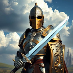 A heavily armored paladin standing tall in a majestic landscape
