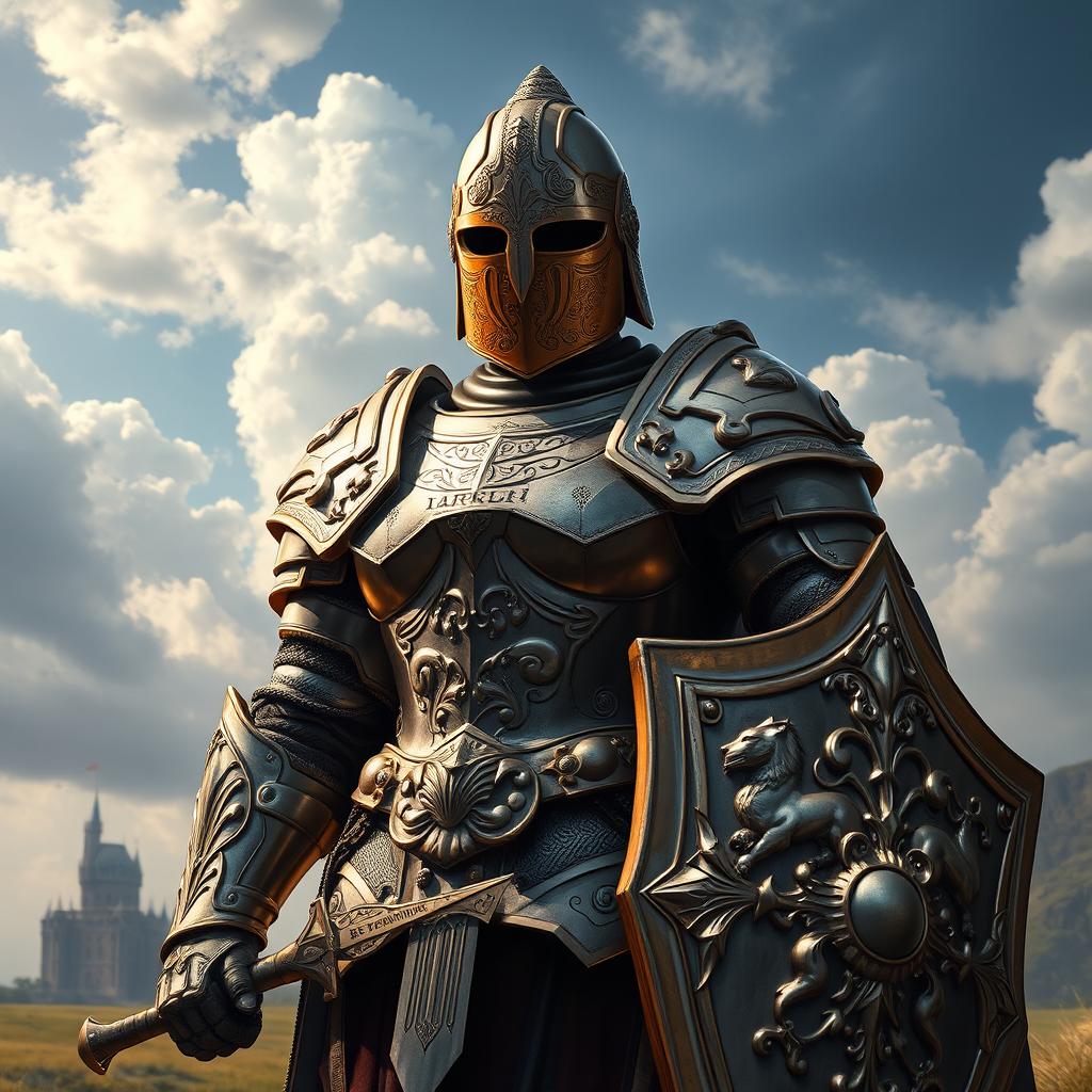 A heavily armored paladin standing tall in a majestic landscape