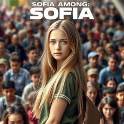 A dynamic movie poster featuring a 16-year-old girl named Sofia, with long, flowing blonde hair down and captivating blue eyes