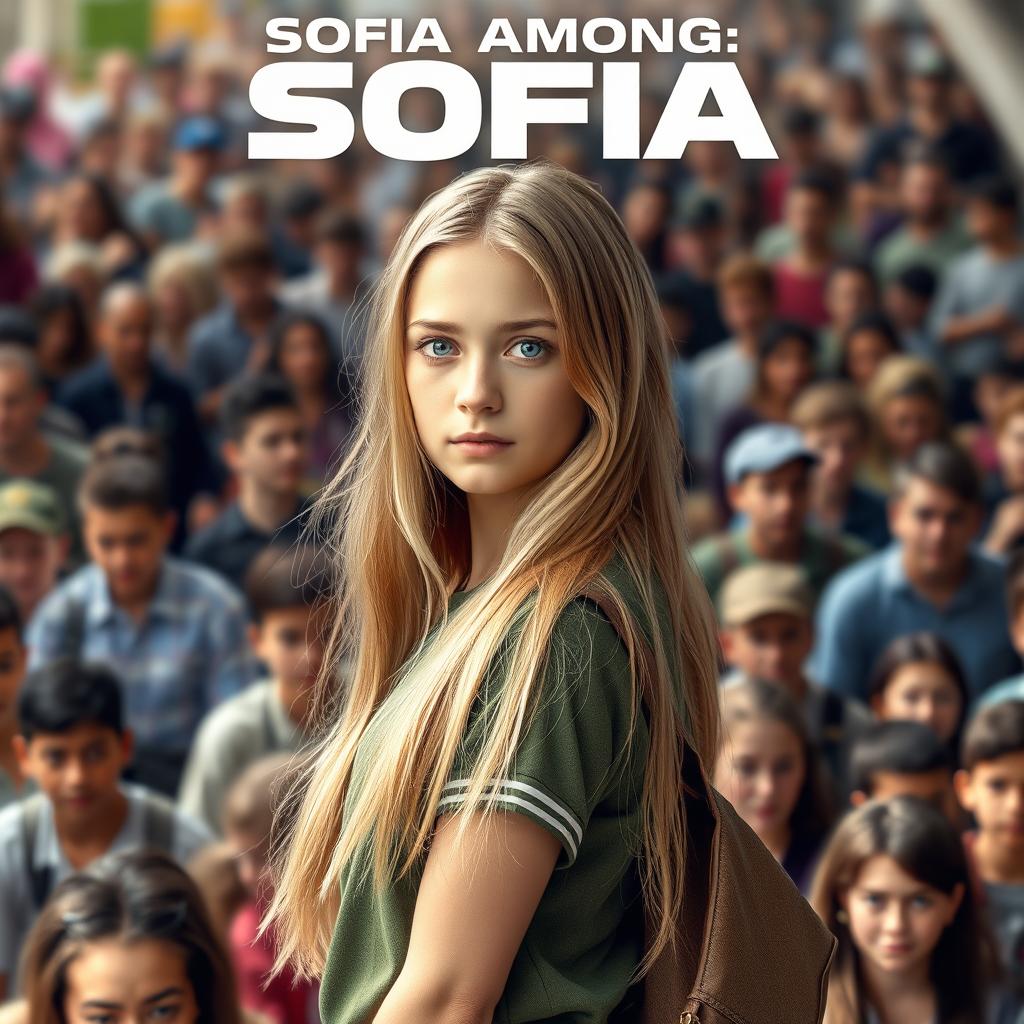 A dynamic movie poster featuring a 16-year-old girl named Sofia, with long, flowing blonde hair down and captivating blue eyes