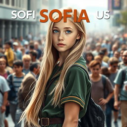 A dynamic movie poster featuring a 16-year-old girl named Sofia, with long, flowing blonde hair down and captivating blue eyes