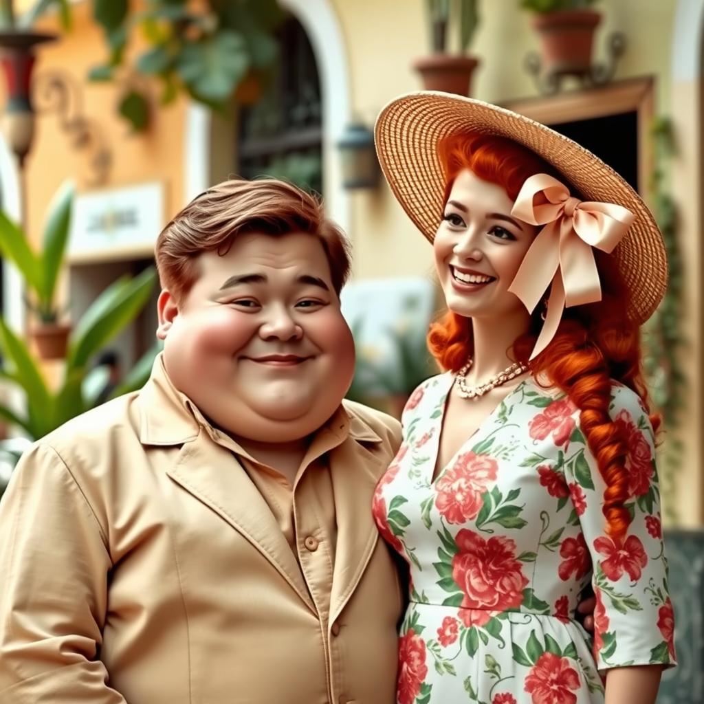 A chubby man with brown hair standing next to a red-haired woman in Brazil during the 1940s