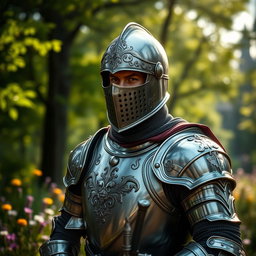 A valiant knight in shining armor, wearing a detailed close helm that covers his face, showcasing intricate designs and a polished metallic finish