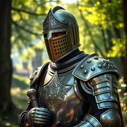 A valiant knight in shining armor, wearing a detailed close helm that covers his face, showcasing intricate designs and a polished metallic finish