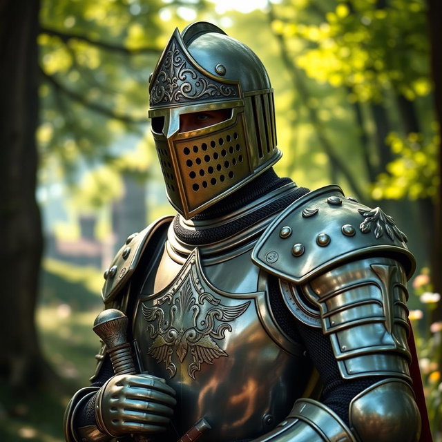 A valiant knight in shining armor, wearing a detailed close helm that covers his face, showcasing intricate designs and a polished metallic finish