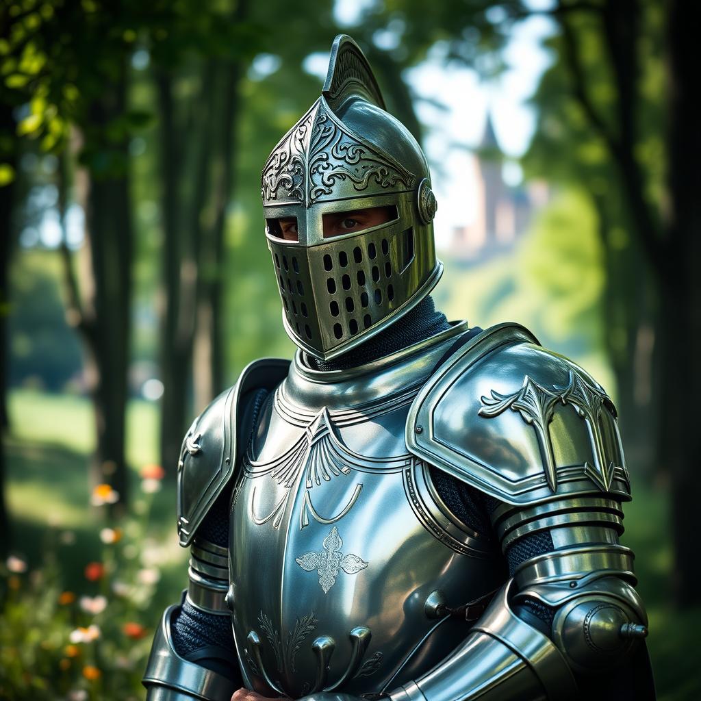 A valiant knight in shining armor, wearing a detailed close helm that covers his face, showcasing intricate designs and a polished metallic finish