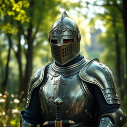 A valiant knight in shining armor, wearing a detailed close helm that covers his face, showcasing intricate designs and a polished metallic finish