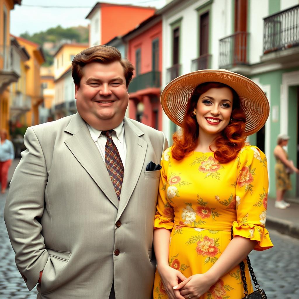 A chubby man with brown hair standing next to a red-haired woman in Paraty, Brazil, during the 1940s