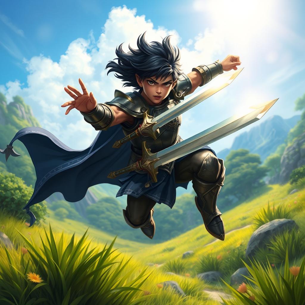 A young half-orc paladin with flowing black hair, wearing a shiny breastplate and a determined expression, is leaping into action