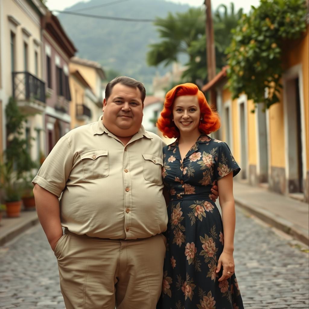A chubby man with brown hair standing next to a red-haired woman in the charming town of Paraty, Brazil, in the year 1940