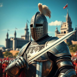 A detailed and dramatic depiction of a knight wearing a close helm, decorated with intricate engravings and a plume, standing proudly on a battlefield