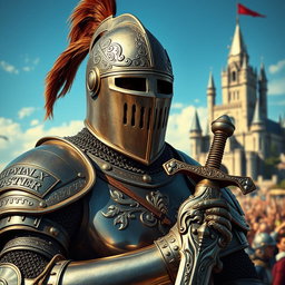 A detailed and dramatic depiction of a knight wearing a close helm, decorated with intricate engravings and a plume, standing proudly on a battlefield