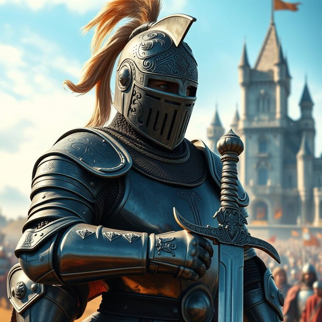 A detailed and dramatic depiction of a knight wearing a close helm, decorated with intricate engravings and a plume, standing proudly on a battlefield