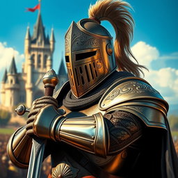 A detailed and dramatic depiction of a knight wearing a close helm, decorated with intricate engravings and a plume, standing proudly on a battlefield