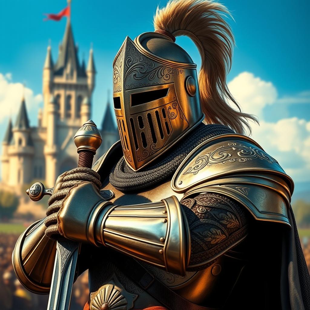 A detailed and dramatic depiction of a knight wearing a close helm, decorated with intricate engravings and a plume, standing proudly on a battlefield