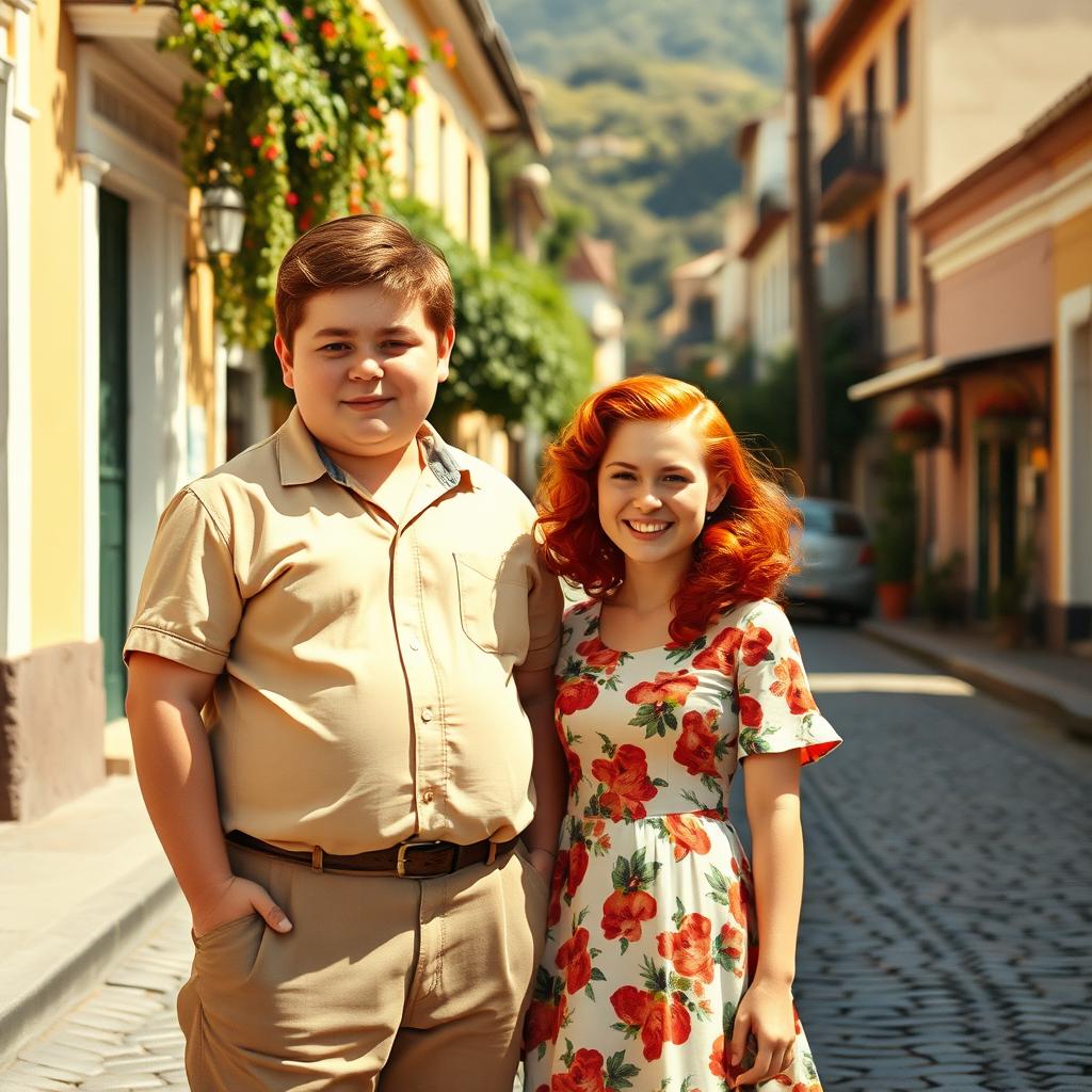 A young chubby man with brown hair standing beside a young red-haired woman in the picturesque town of Paraty, Brazil, in the year 1940