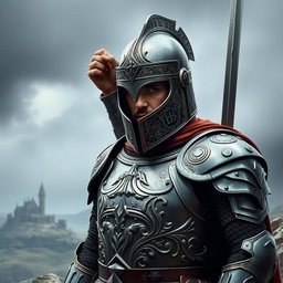 A majestic portrayal of King Arthur wearing a close helm, intricately designed with detailed engravings and a shining metallic surface