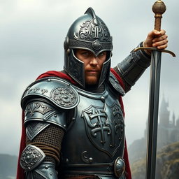 A majestic portrayal of King Arthur wearing a close helm, intricately designed with detailed engravings and a shining metallic surface