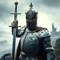 A majestic portrayal of King Arthur wearing a close helm, intricately designed with detailed engravings and a shining metallic surface