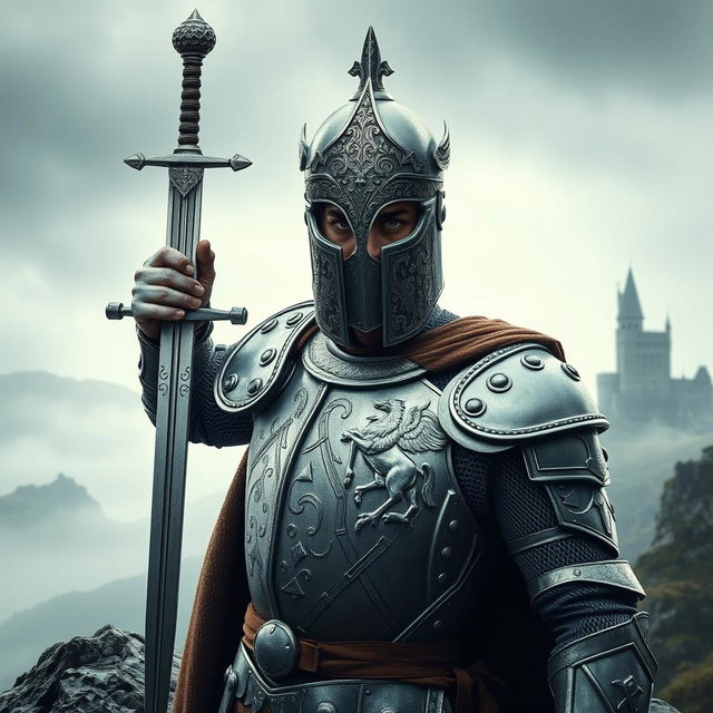 A majestic portrayal of King Arthur wearing a close helm, intricately designed with detailed engravings and a shining metallic surface