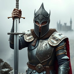 A majestic portrayal of King Arthur wearing a close helm, intricately designed with detailed engravings and a shining metallic surface