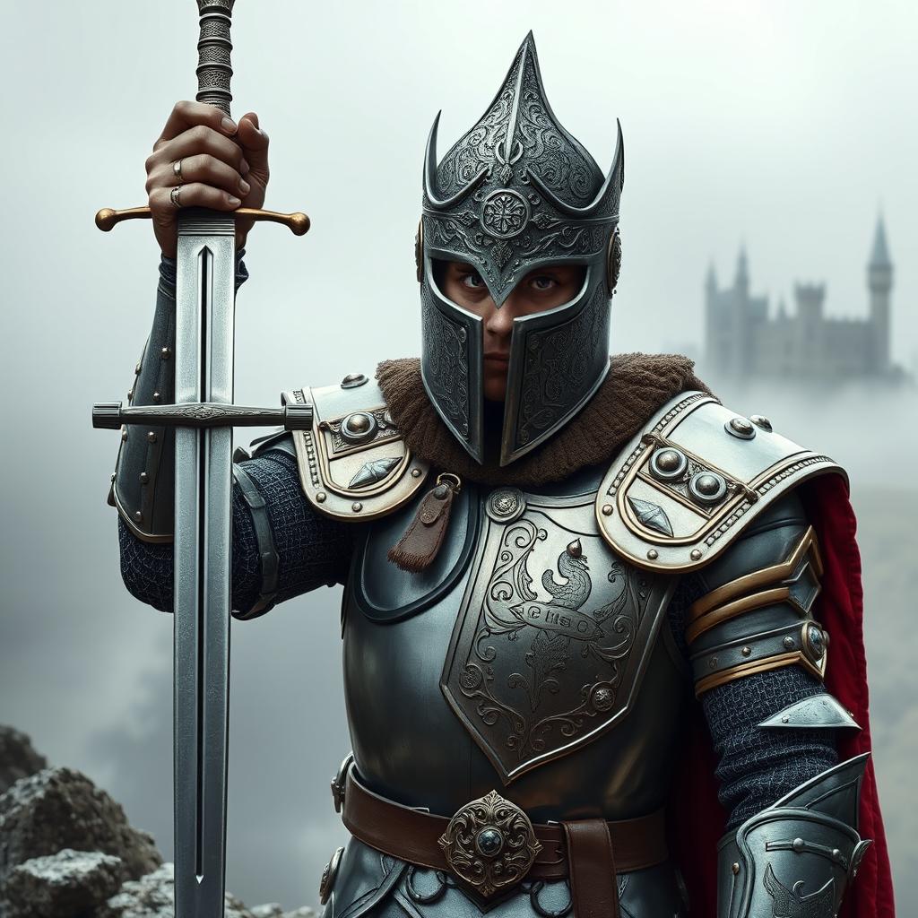 A majestic portrayal of King Arthur wearing a close helm, intricately designed with detailed engravings and a shining metallic surface