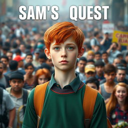 An engaging movie poster featuring an 18-year-old boy named Sam, with short, vibrant red hair and striking light green eyes