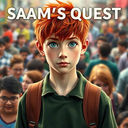 An engaging movie poster featuring an 18-year-old boy named Sam, with short, vibrant red hair and striking light green eyes