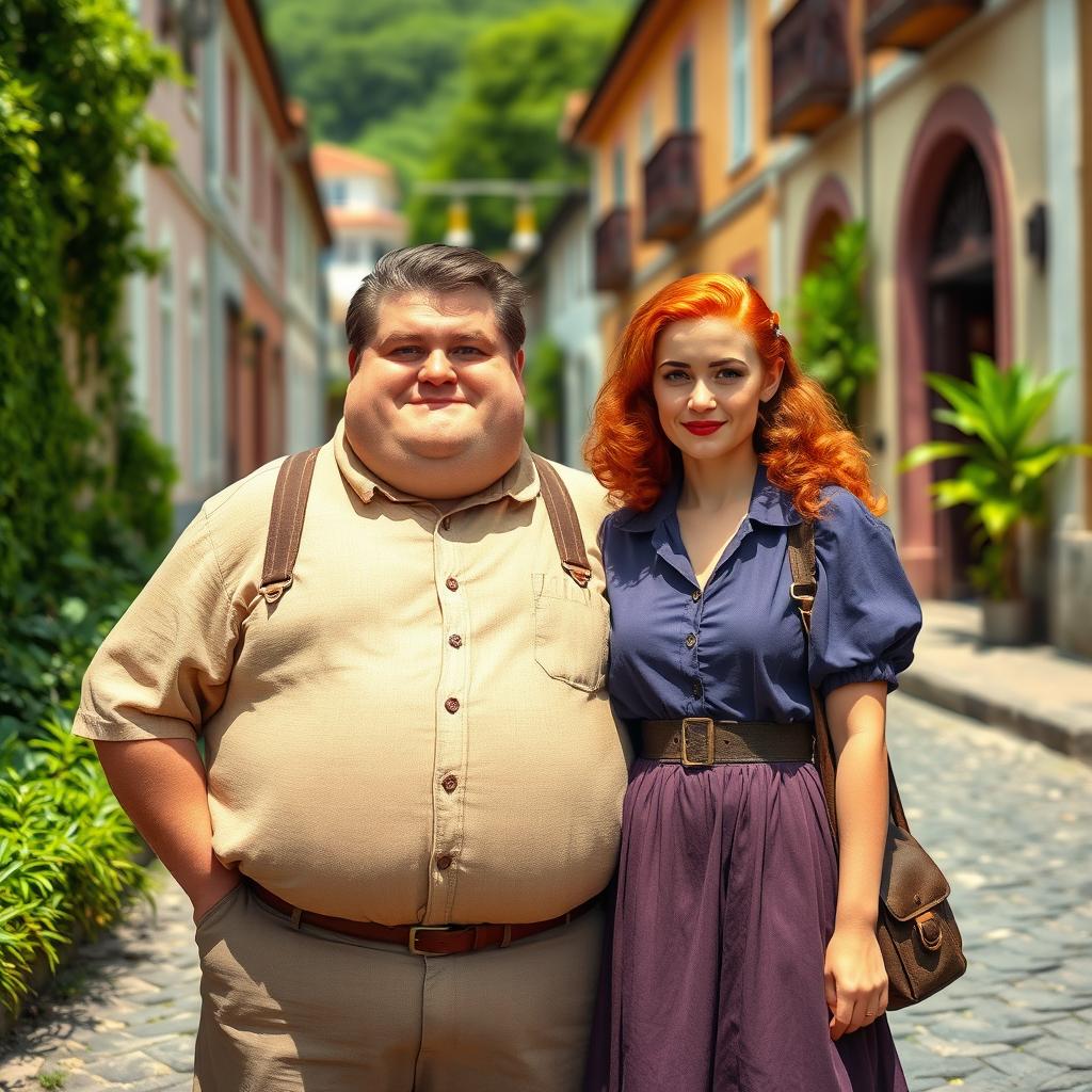 A chubby man with brown hair stands beside a young red-haired woman in Paraty, Brazil, during the 1940s