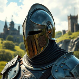 An impressive and realistic portrayal of a knight wearing a celata helm, featuring its characteristic shape and visor that provides a striking silhouette