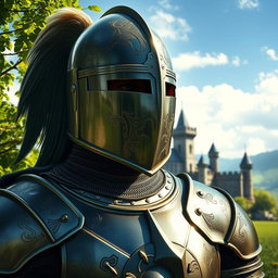 An impressive and realistic portrayal of a knight wearing a celata helm, featuring its characteristic shape and visor that provides a striking silhouette