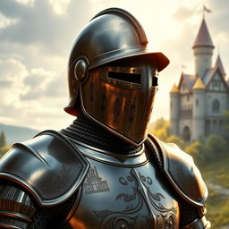 An impressive and realistic portrayal of a knight wearing a celata helm, featuring its characteristic shape and visor that provides a striking silhouette