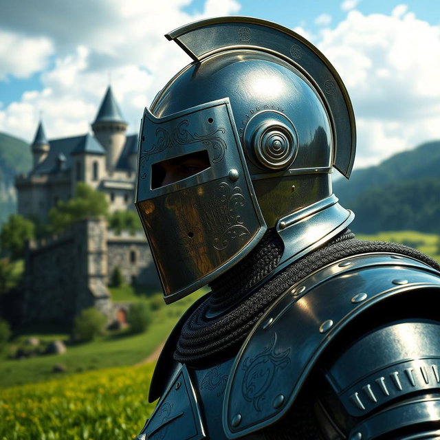 An impressive and realistic portrayal of a knight wearing a celata helm, featuring its characteristic shape and visor that provides a striking silhouette