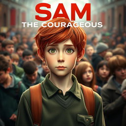 An eye-catching movie poster featuring an 18-year-old boy named Sam, with short, vibrant red hair and light green eyes that shine with confidence