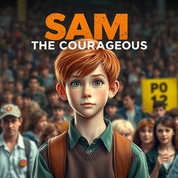 An eye-catching movie poster featuring an 18-year-old boy named Sam, with short, vibrant red hair and light green eyes that shine with confidence