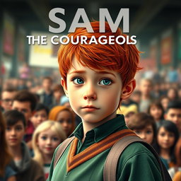 An eye-catching movie poster featuring an 18-year-old boy named Sam, with short, vibrant red hair and light green eyes that shine with confidence