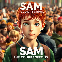 An eye-catching movie poster featuring an 18-year-old boy named Sam, with short, vibrant red hair and light green eyes that shine with confidence