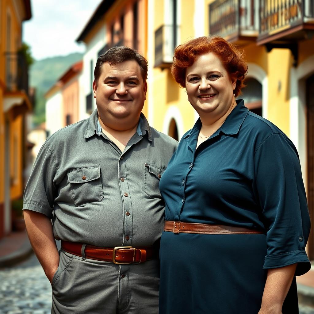 A plump brown-haired man standing beside a young red-haired woman in the beautiful historic town of Paraty, Brazil during the year 1940
