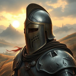 A stunningly detailed depiction of a knight wearing a celata helm, which is known for its distinctive conical shape and visor