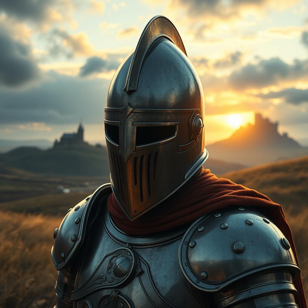 A stunningly detailed depiction of a knight wearing a celata helm, which is known for its distinctive conical shape and visor